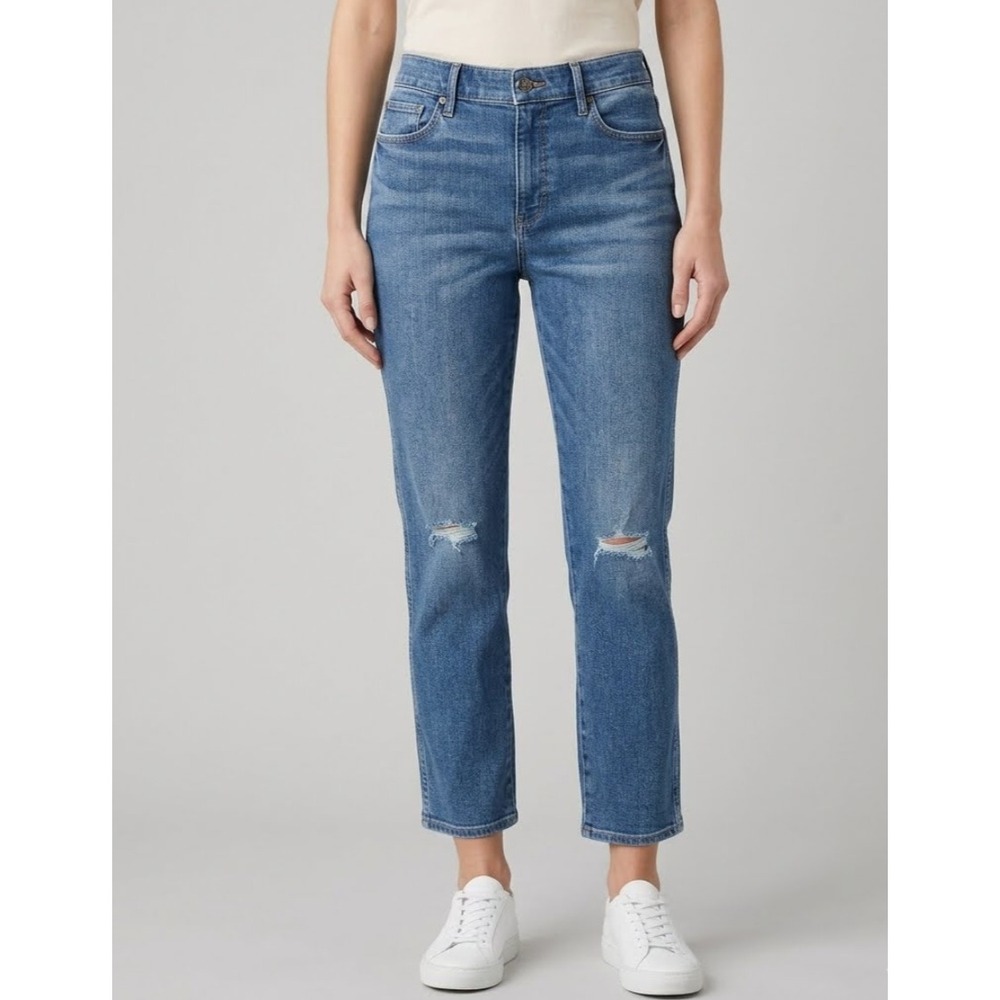 White House Black Market The Sculpt Straight Crop Jeans Blue Distressed Size 10